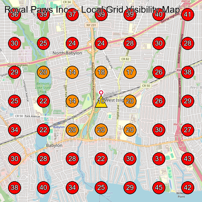 Royal Paws Inc. GeoGrid visibility map for Pet Groomer in West Babylon